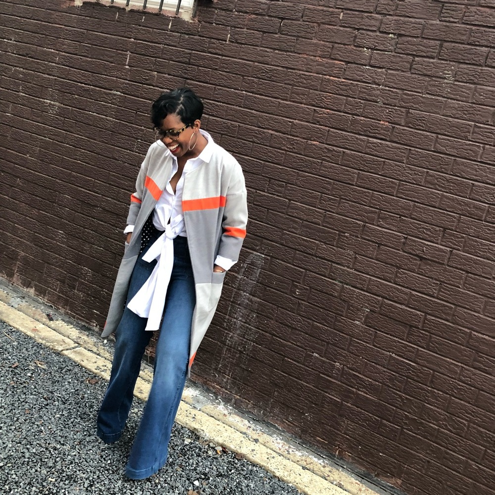 Grey Color Block Pockets Coat